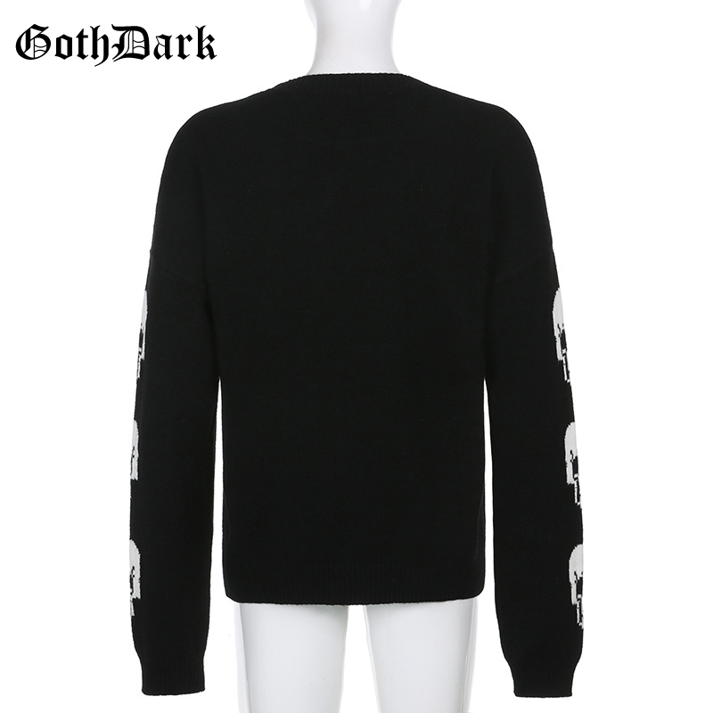 Black Skull Knit Sweater Sweatshirt Crewneck Long Sleeve Pullover Goth Punk Autumn Fall E-Girl Kawaii Korean Japanese Harajuku Streetwear
