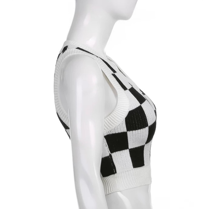 Cute Preppy Argyle Plaid Sweater Vest Sleeveless Knit Crop Top V Neck Shirt Aesthetic Casual Summer E-Girl Kawaii Korean Japanese Harajuku