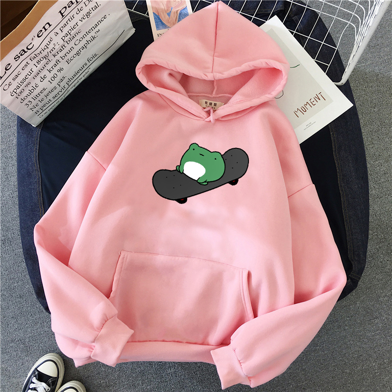 Skateboard Frog Cartoon Casual Loose Oversized Hoodie Sweater Sweatshirt Long Sleeve Pullover E-Girl Kawaii Korean Japanese Harajuku Streetwear