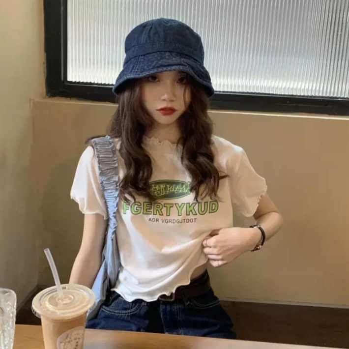 Cute Vintage Ruffle Off White Letter Print Short Sleeve Shirt Aesthetic Casual Summer E-Girl Kawaii Korean Japanese Harajuku