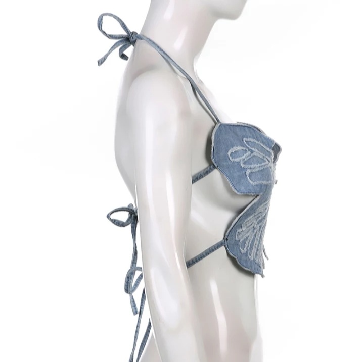 Cute Sexy Butterfly Denim Backless Crop Top Sleeveless Shirt Party Beach Summer Aesthetic Casual E-Girl Kawaii Korean Japanese Harajuku