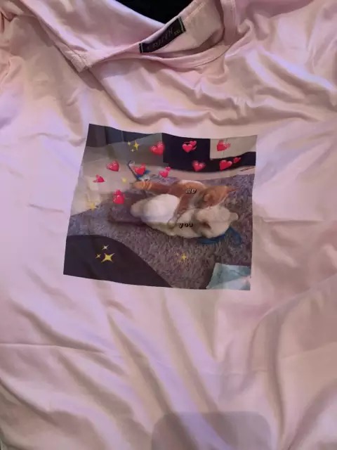 Cute Pink Funny Cat Kitten Meme Cartoon Print Loose Short Sleeve Short T-shirt Tee Top Summer Casual E-Girl Kawaii Korean Japanese Harajuku Streetwear