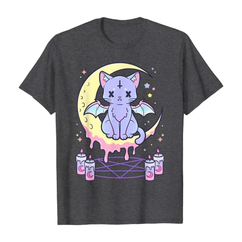 Cute Pastel Black Cat Witch Magic Moon Print Short Sleeve T-shirt Goth Punk Aesthetic Casual E-Girl Kawaii Korean Japanese Harajuku