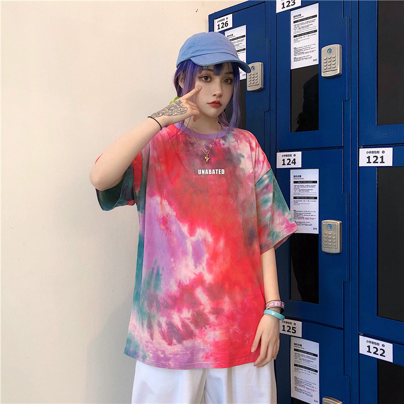 Cute Tie Dyed Hip Hop Casual Punk Goth Loose Oversized Short Sleeve Shirt Tee T-shirt E-Girl Kawaii Korean Japanese Harajuku Chinese Retro Streetwear