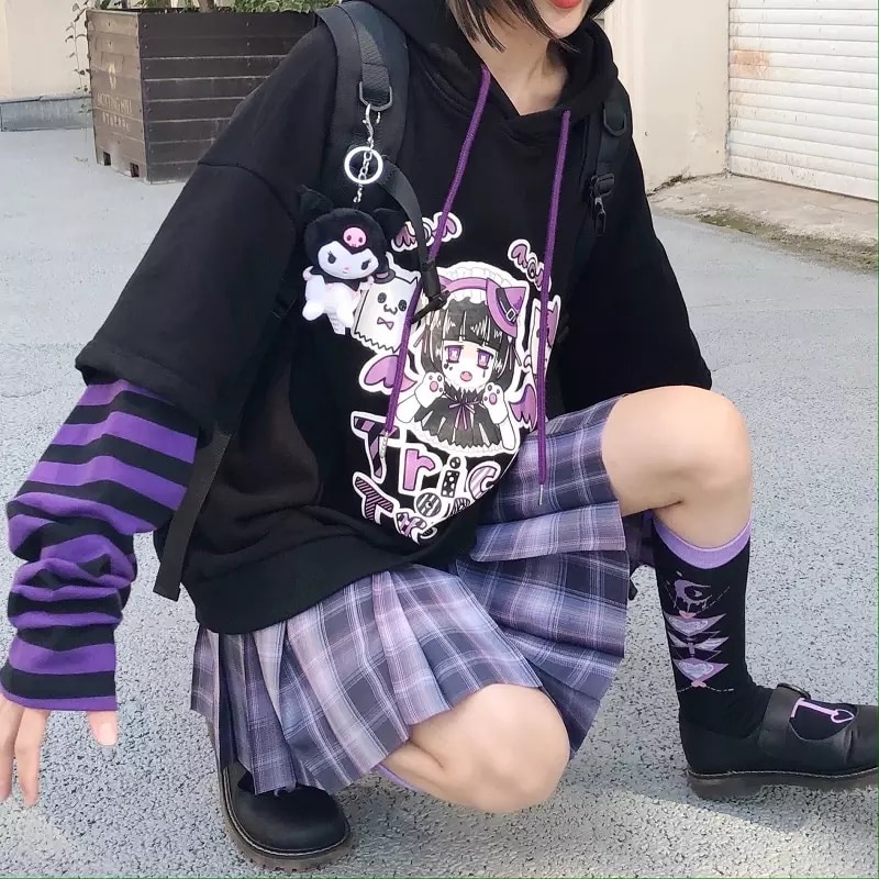 Anime Girl Cartoon Casual Stripe Loose Oversized Hoodie Sweater Sweatshirt Long Sleeve Pullover E-Girl Kawaii Korean Japanese Harajuku Streetwear