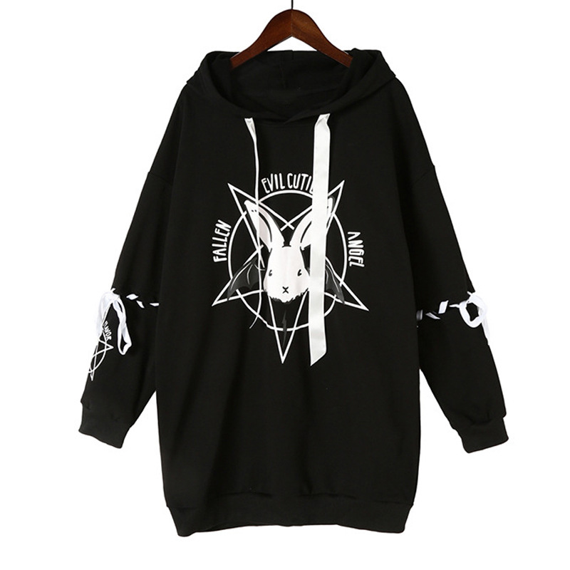 Cute Rabbit Evil Pentagon Lace Up Long Sleeve Hoodie Oversize Sweater Sweatshirt Pullover Jumper E-Girl Kawaii Korean Japanese Harajuku Streetwear