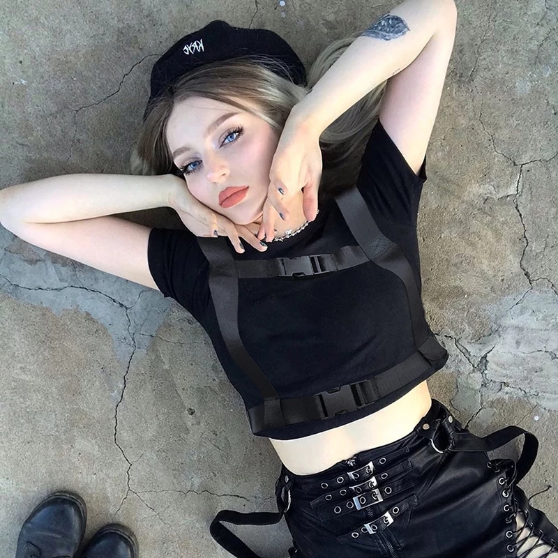 Cute Black Buckle Hollow Out Turtleneck Crop Top Long Sleeve Shirt Punk Goth Summer Aesthetic Casual E-Girl Kawaii Korean Japanese Harajuku