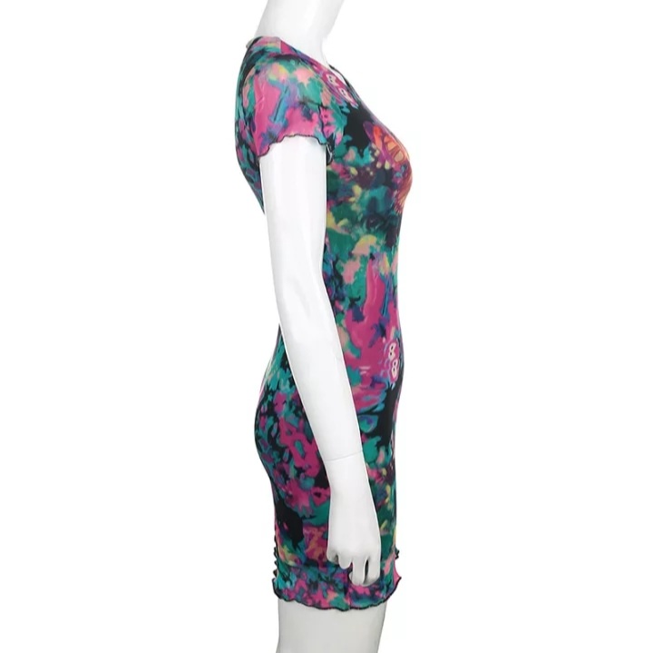Cute Sexy Tie Dye Butterfly Print Mesh Transparent Short Sleeve Mini Dress Summer Aesthetic Casual E-Girl Kawaii Korean Japanese Harajuku