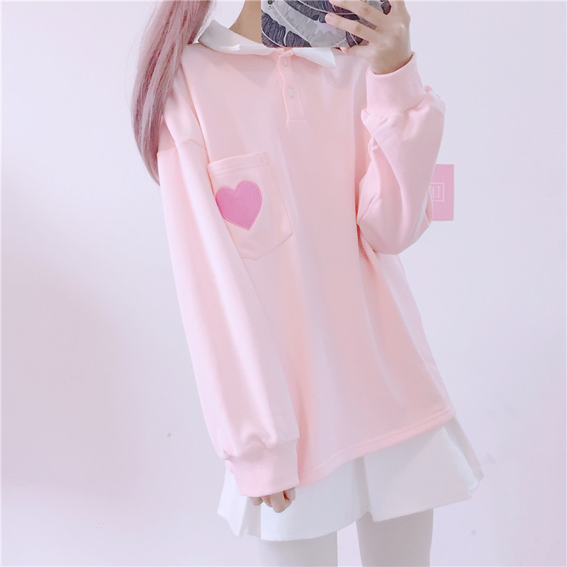 Cute Heart Embroidery Pocket Oversized Sweater Long Sleeve Shirt Pullover Hoodie Sweatshirt E-Girl Kawaii Korean Japanese Harajuku Retro Streetwear