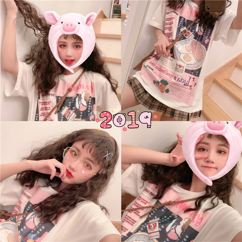 Cute Funny Cartoon Egg Bacon Breakfast Food Graphic Short Sleeve Shirt Tee T-shirt E-Girl Kawaii Korean Japanese Harajuku Chinese Retro Streetwear