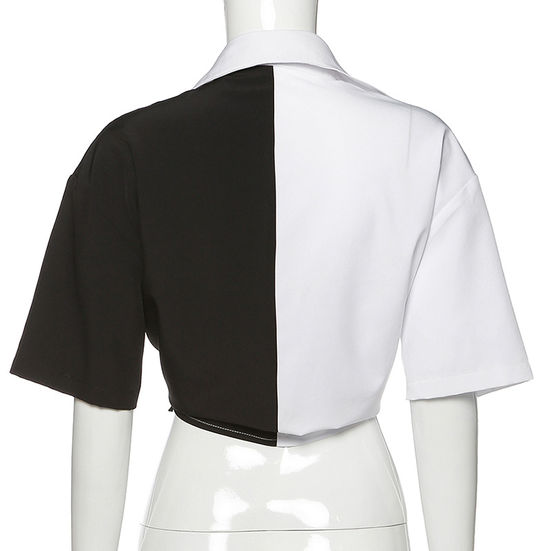 Cute Sexy Black White Patchwork Casual Crop Short Sleeve Shirt Tee T-shirt E-Girl Kawaii Korean Japanese Harajuku Chinese Retro Streetwear Aesthetic