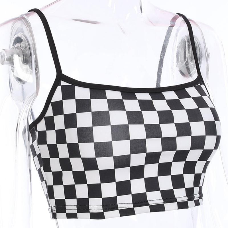 Cute Sexy Black White Checkered Plaid Tank Cami Crop Top Shirt Tee T-shirt E-Girl Kawaii Korean Japanese Harajuku Chinese Retro Streetwear Aesthetic