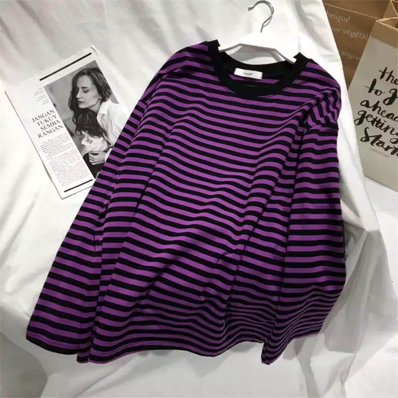 Cute Casual Stripe Round Neck Long Sleeve Tee Shirt T-shirt Top Plus Oversized Baggy E-Girl Kawaii Korean Japanese Harajuku Retro Streetwear