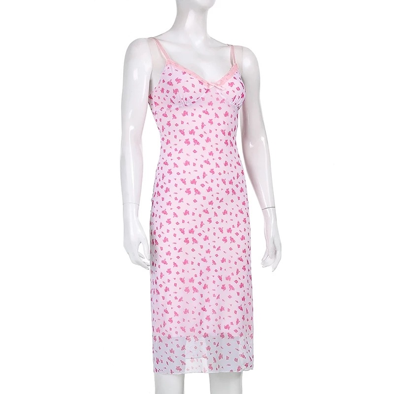 Cute Sexy Pink Floral Long Boho Dress Sleeveless V Neck Lace Trim Bodycon Party Club Beach Summer Vintage Casual E-girl Kawaii Korean