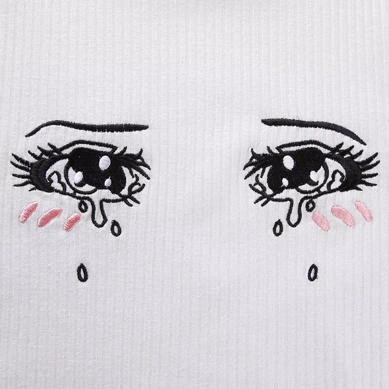 Cute Anime Girl Crying Eye Embroidery White Ribbed Crop Top Short Sleeve Shirt T-shirt Summer Casual E-Girl Kawaii Korean Japanese Harajuku Streetwear