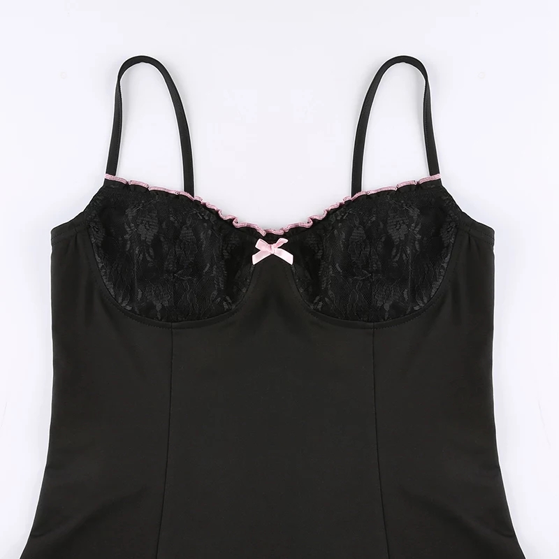 Cute Sexy Black Lace Bow Patchwork Retro Mini Dress Party Club Summer Aesthetic Casual E-Girl Kawaii Korean Japanese Harajuku