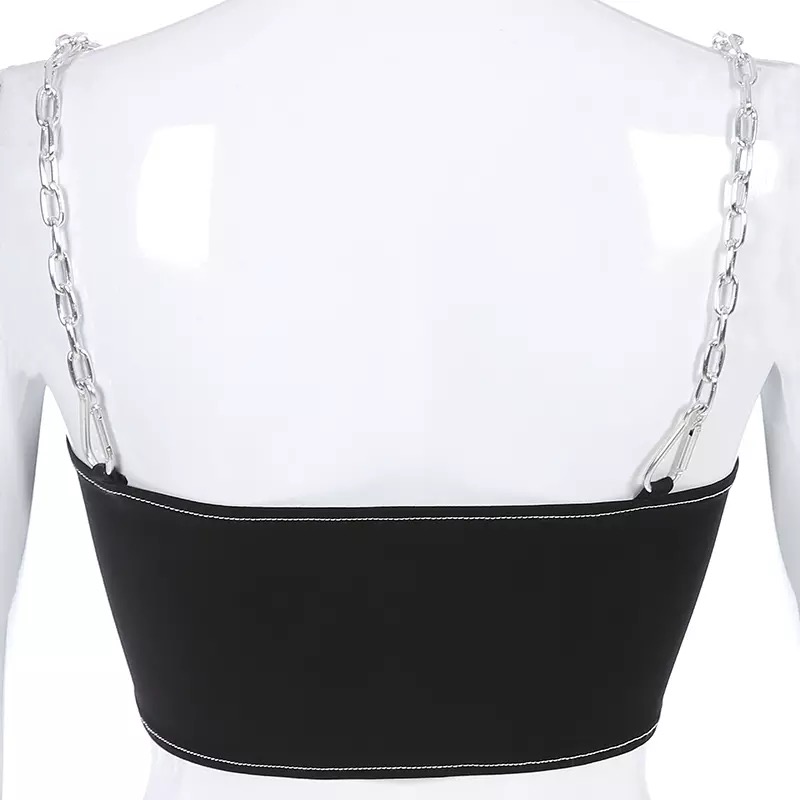 Sexy Black Goth Punk Letter Print Metal Chain Camisole Tank Crop Top Shirt Summer E-Girl Kawaii Korean Japanese Harajuku Retro Streetwear