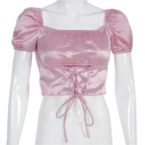 Cute Vintage Pink Silky Satin Short Sleeve Shirt Crop Top Lace Up Elegant Aesthetic Casual Summer E-Girl Kawaii Korean Japanese Harajuku