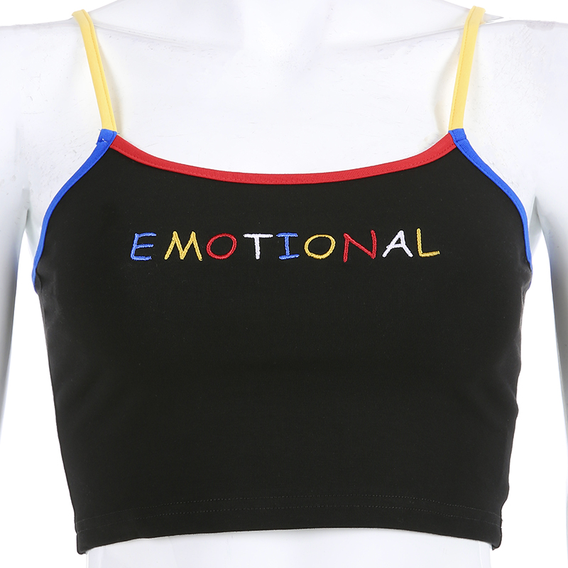 Cute Black Emotional Embroidery Crop Top Camisole Spaghetti Tank Shirt Tee T-shirt E-Girl Kawaii Korean Japanese Harajuku Retro Streetwear Aesthetic