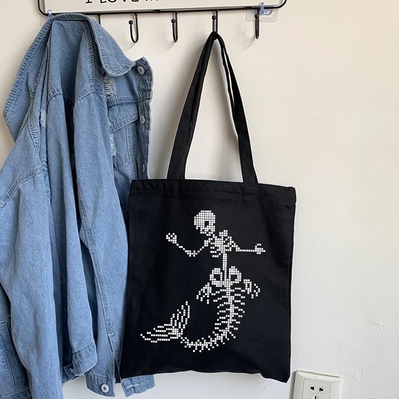 Cute Skeleton Skull Butterfly Wing Print Shoulder Bag Canvas Eco Tote Aesthetic Casual Summer E-Girl Kawaii Korean Japanese Harajuku