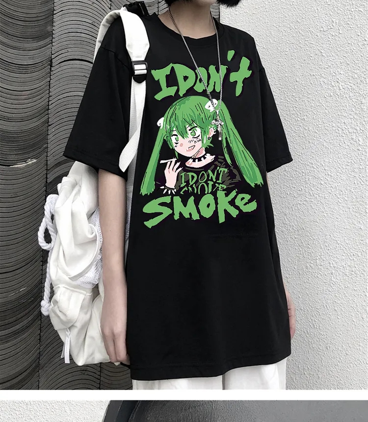 Anime Girl Smoke Cartoon Print Loose Oversized Short Sleeve T-shirt Top Summer Causal Goth Punk E-Girl Kawaii Korean Japanese Harajuku Streetwear