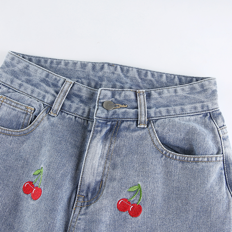 Cute Sweet Vintage Cherry Embroidery Light Washed Blue Denim Jeans High Waisted Cargo Slim Bottom E-Girl Kawaii Korean Japanese Harajuku Streetwear