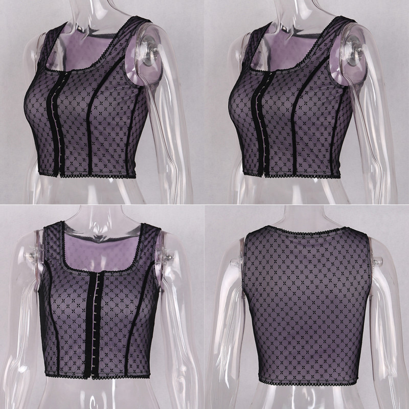 Sexy Lace Net Crop Top Tank Camisole Sleeveless Shirt Summer Causal E-Girl Kawaii Korean Japanese Harajuku Streetwear