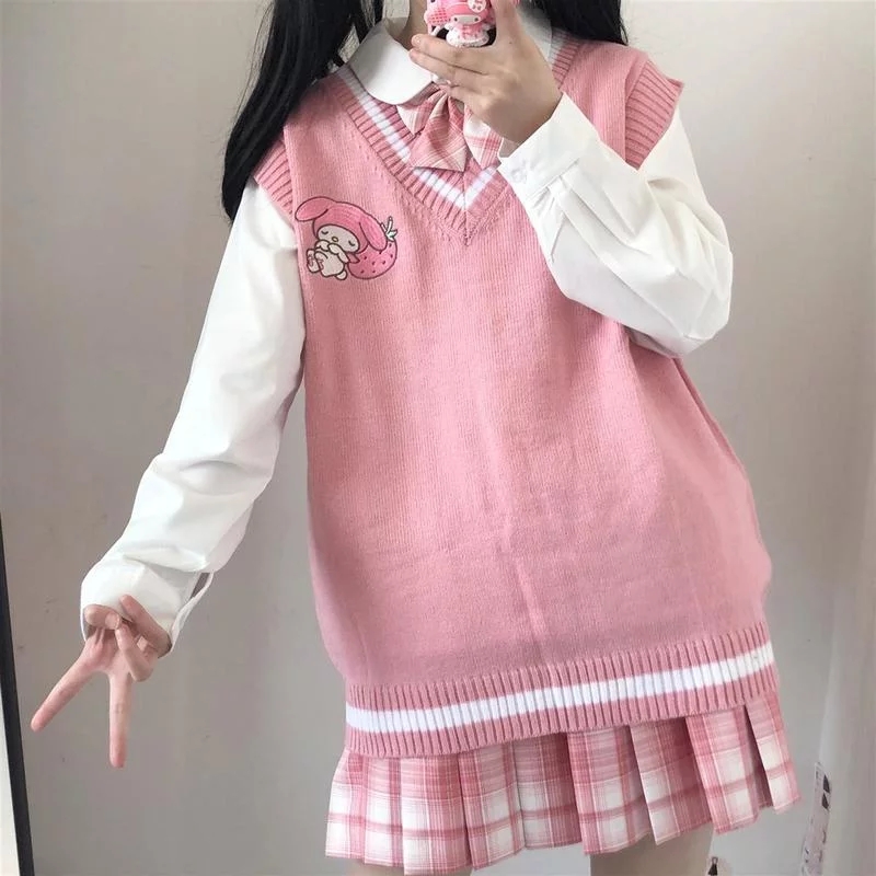 Cute Anime Cartoon Print Knit Vest Sweater Crop Top V Neck Sleeveless Shirt Aesthetic Casual Summer E-Girl Kawaii Korean Japanese Harajuku