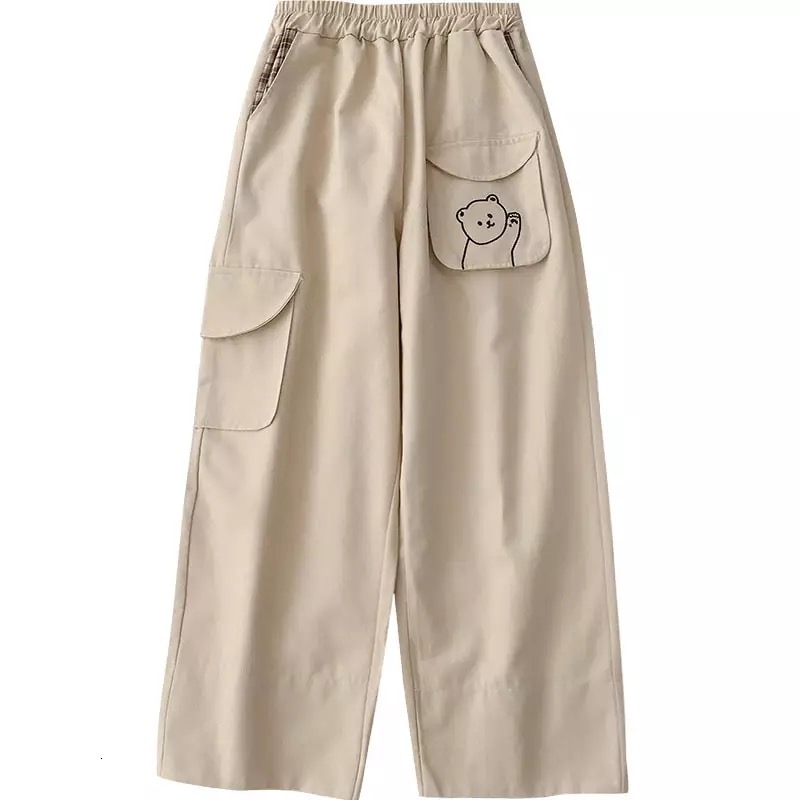 Cute Black Khaki Bear Embroidery Wide Leg Pants Women Casual High Waisted Loose Long Straight Bottom E-Girl Kawaii Korean Japanese Harajuku Streetwear