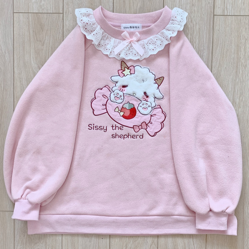 Pink Pastel Lamb Embroidery Lace Sweatshirt Sweater Long Sleeve Shirt Pullover Jumper E-Girl Kawaii Korean Japanese Harajuku Streetwear