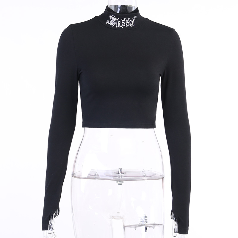 Black Rebel Letter Embroidery Turtleneck Crop Top Long Sleeve Shirt T-shirt Top Goth Punk Casual E-Girl Kawaii Korean Japanese Harajuku Streetwear