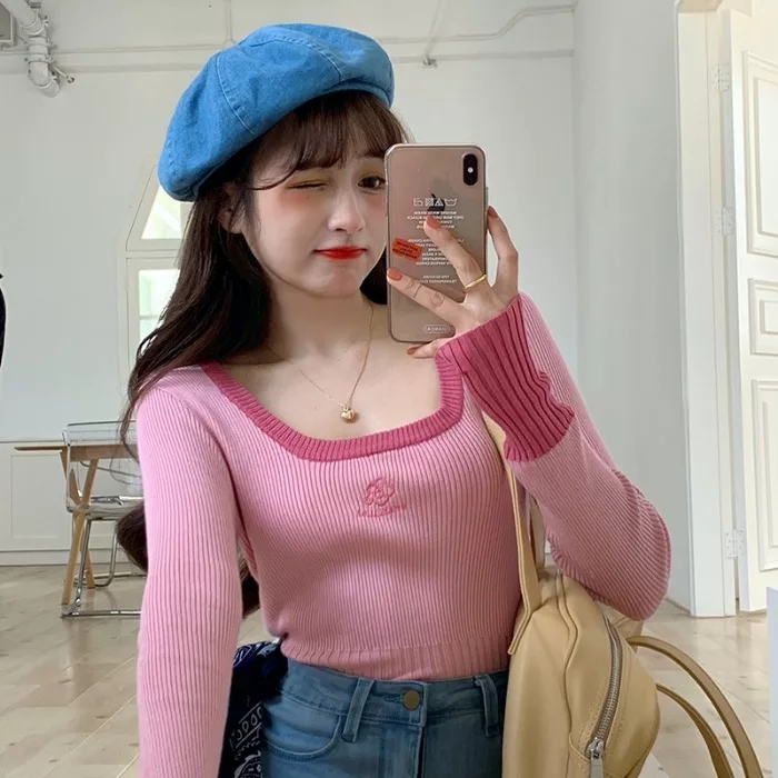Cute Vintage Flower Embroidery Long Sleeve Shirt Sweater Jumper Aesthetic Casual Summer E-Girl Kawaii Korean Japanese Harajuku