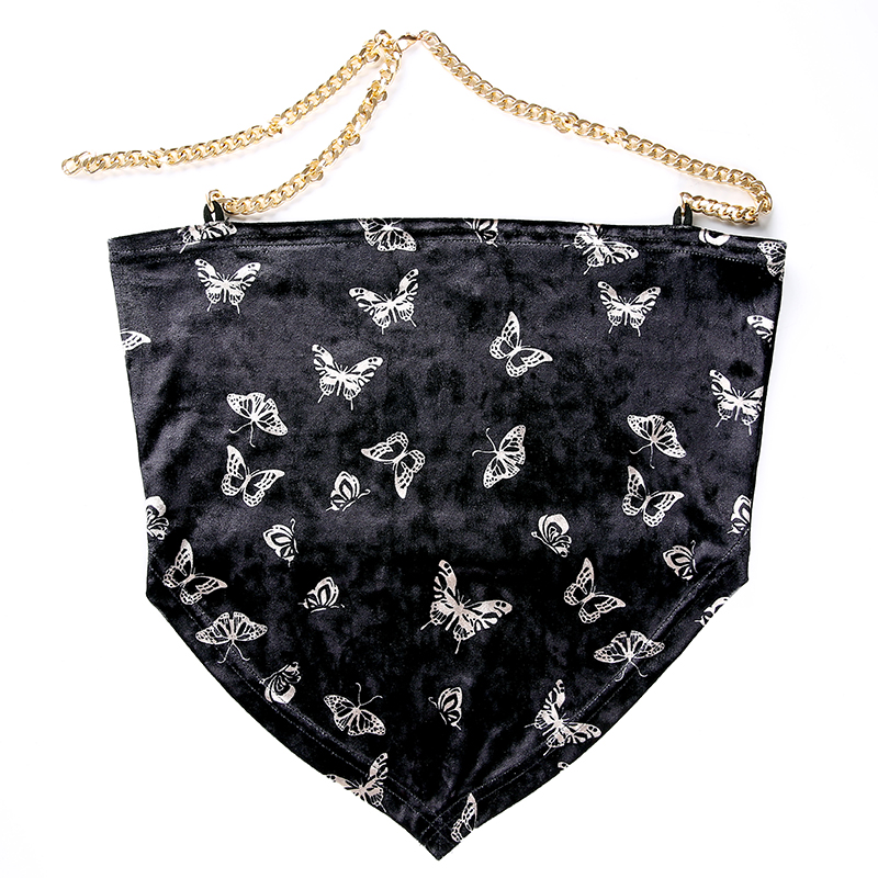 Cute Sexy Butterfly Chain Velvet Halter Tank Cami Crop Top Shirt Tee T-shirt E-Girl Kawaii Korean Japanese Harajuku Chinese Retro Streetwear Aesthetic