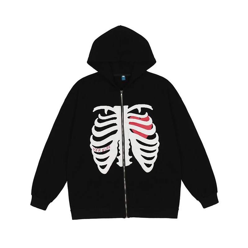 Retro Rib Skeleton Print Long Sleeve Hoodie Jacket Zipper Pullover Casual E-Girl Kawaii Korean Japanese Harajuku Streetwear