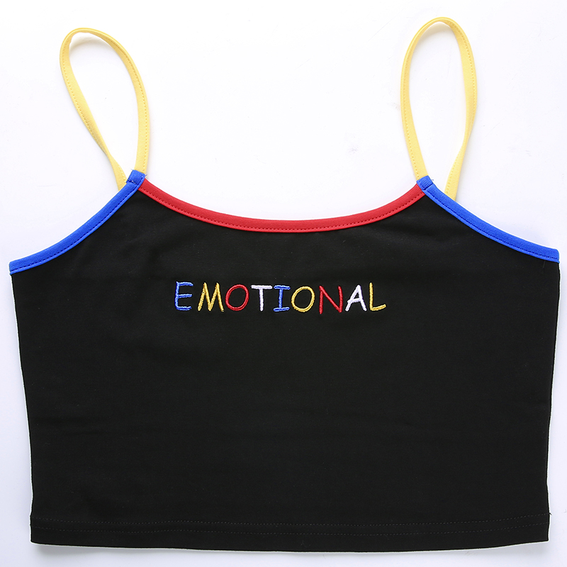 Cute Black Emotional Embroidery Crop Top Camisole Spaghetti Tank Shirt Tee T-shirt E-Girl Kawaii Korean Japanese Harajuku Retro Streetwear Aesthetic