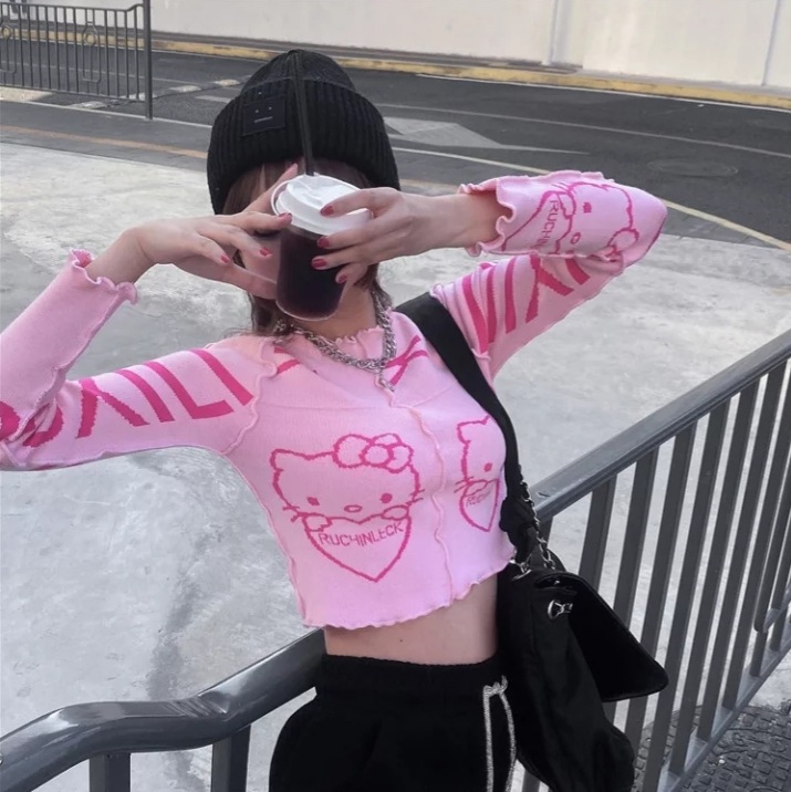 Cute Pink Kitty Cat Knit Loose Frill Long Sleeve Shirt Sweater Pullover Cardigan Aesthetic Casual Summer E-Girl Kawaii Korean Japanese Harajuku
