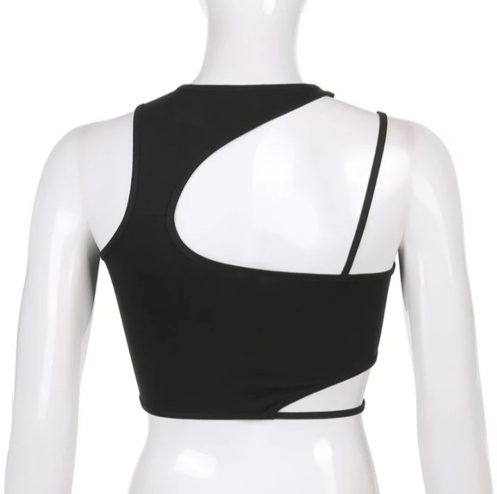 Cute Sexy Black Strappy Hollow Out Tank Crop Top Sleeveless Shirt Punk Goth Summer Aesthetic Casual E-Girl Kawaii Korean Japanese Harajuku
