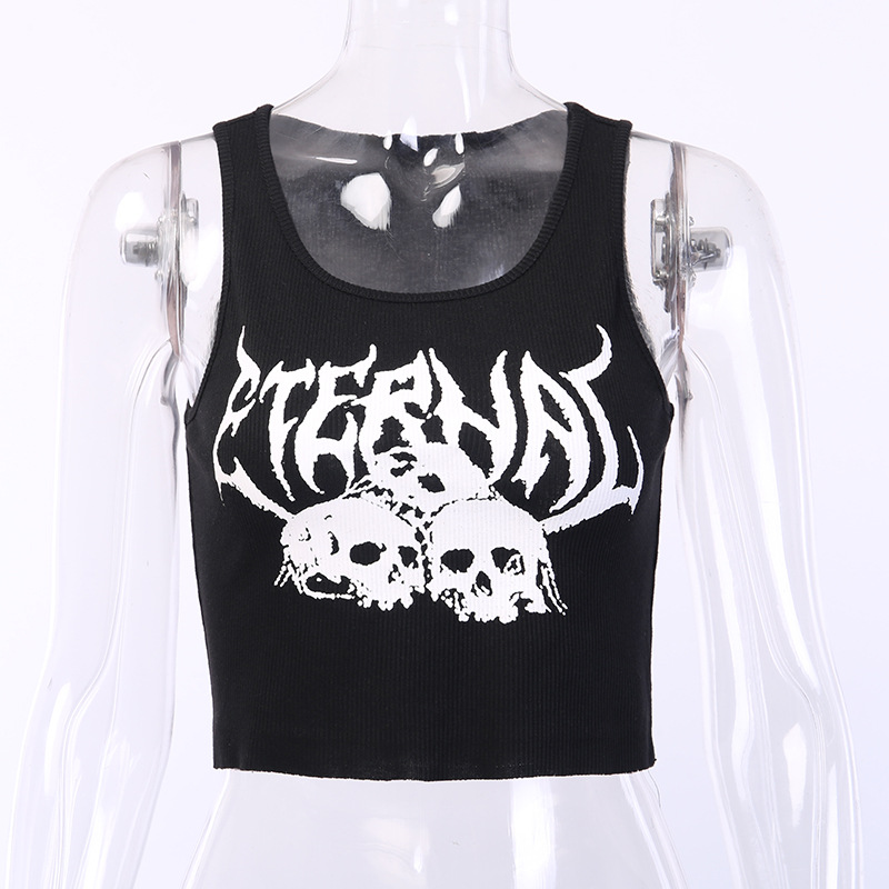 Black Skull Print Knit Ruffle Tank Top Cropped Sleeveless Shirt Causal Goth Punk Causal Summer E-Girl Kawaii Korean Japanese Harajuku Streetwear