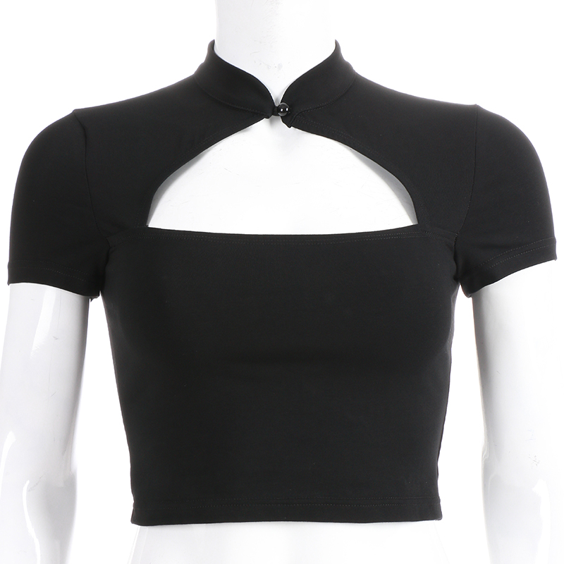 Cute Sexy Casual Black Hallow Out Crop Top Short Sleeve Shirt Tee T-shirt E-Girl Kawaii Korean Japanese Harajuku Chinese Retro Streetwear Aesthetic