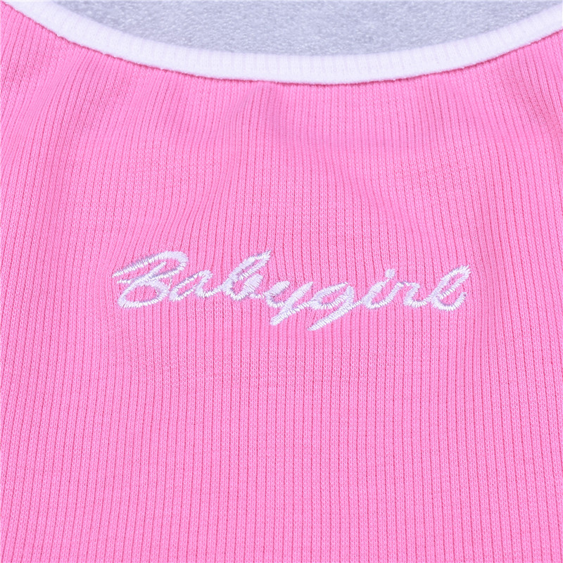 Sexy Pink Babygirl Letter Embroidery Spaghetti Strap Patchwork Crop Top Summer T-shirt E-Girl Kawaii Korean Japanese Harajuku Retro Streetwear Fashion