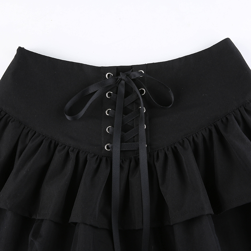 Cute Black Goth Lace Up High Waisted Ruffle Skirt Punk Bandage A-line Lace Trim Tutu Casual E-Girl Kawaii Korean Japanese Harajuku Streetwear