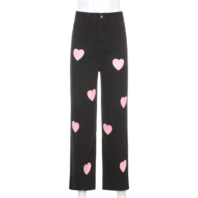 Cute Vintage Pink Heart Print Black Denim Jeans Straight High Waist Long Trouser Pants Autumn Casual E-Girl Kawaii Korean Japanese Harajuku Streetwear