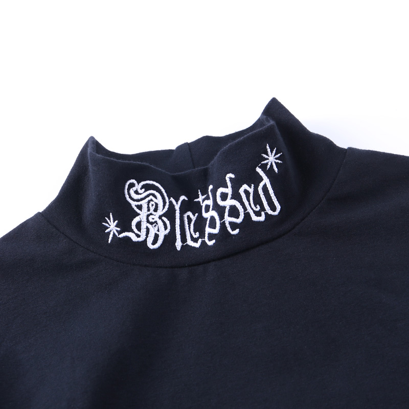 Black Rebel Letter Embroidery Turtleneck Crop Top Long Sleeve Shirt T-shirt Top Goth Punk Casual E-Girl Kawaii Korean Japanese Harajuku Streetwear