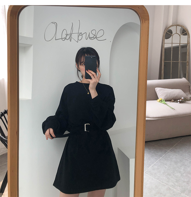 Cute Solid Color Long Sleeve T-shirt Shirt Dress With Belt Loose Oversized Woman Spring Autumn E-Girl Kawaii Korean Japanese Harajuku Retro Streetwear