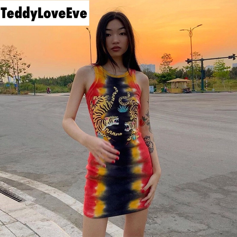 Cute Sexy Tiger Punk Tie Dye Graphic Ribbed Sleeveless Bodycon Dress E-Girl Kawaii Korean Japanese Harajuku Chinese Retro Streetwear Aesthetic