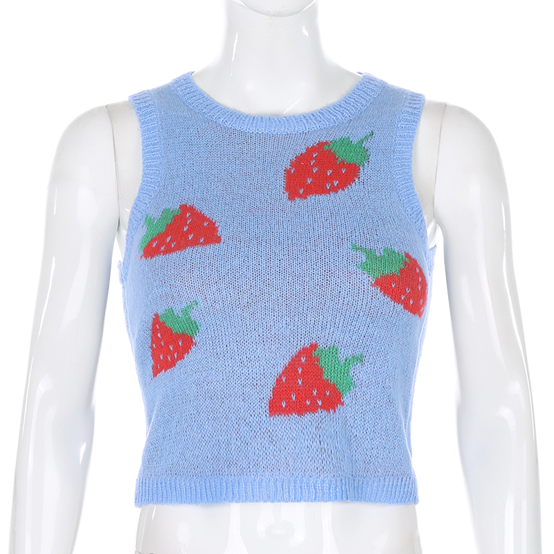 Cute Pink Strawberry V Neck Sleeveless Knit Crop Top Sweater Sweatshirt Pullover Jumper E-Girl Kawaii Korean Japanese Harajuku Streetwear