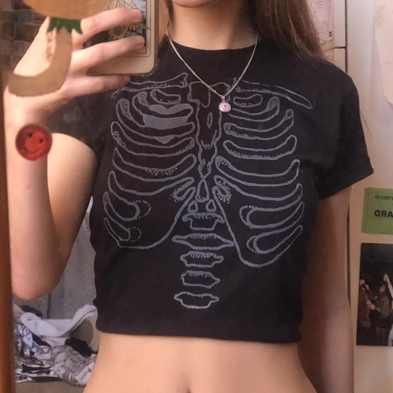 Cute 90s Vintage Skull Bone Ribs Short Sleeve Tee Crop Top Basic Casual Punk Goth Summer E-Girl Kawaii Korean Japanese Harajuku Streetwear