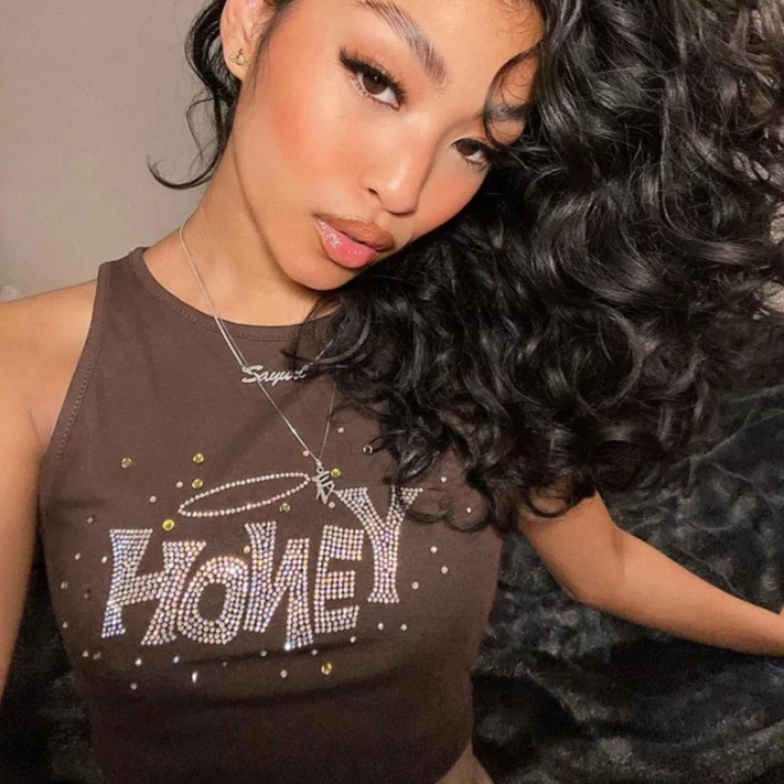 Cute Brown Honey Rhinestone Crystal Glitter Bling 90s Sleeveless Tank Crop Top Aesthetic Casual Summer E-Girl Kawaii Korean Japanese Harajuku