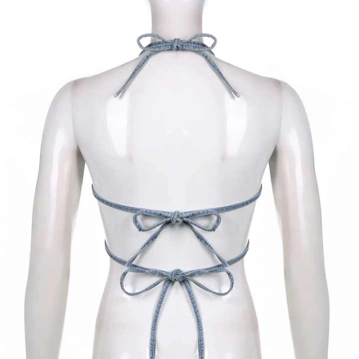 Cute Sexy Butterfly Denim Backless Crop Top Sleeveless Shirt Party Beach Summer Aesthetic Casual E-Girl Kawaii Korean Japanese Harajuku