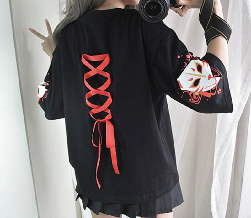 Fox Anime Cartoon Print Vintage Black T-shirt Short Sleeve Tee Shirt Causal Summer Top E-Girl Kawaii Korean Japanese Harajuku Streetwear